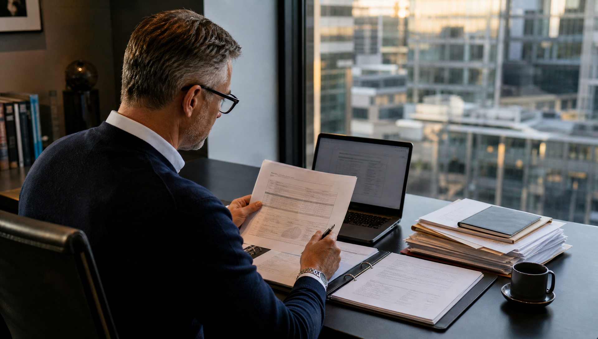Tax specialist reviewing a complex SARS case in a refined executive setting.