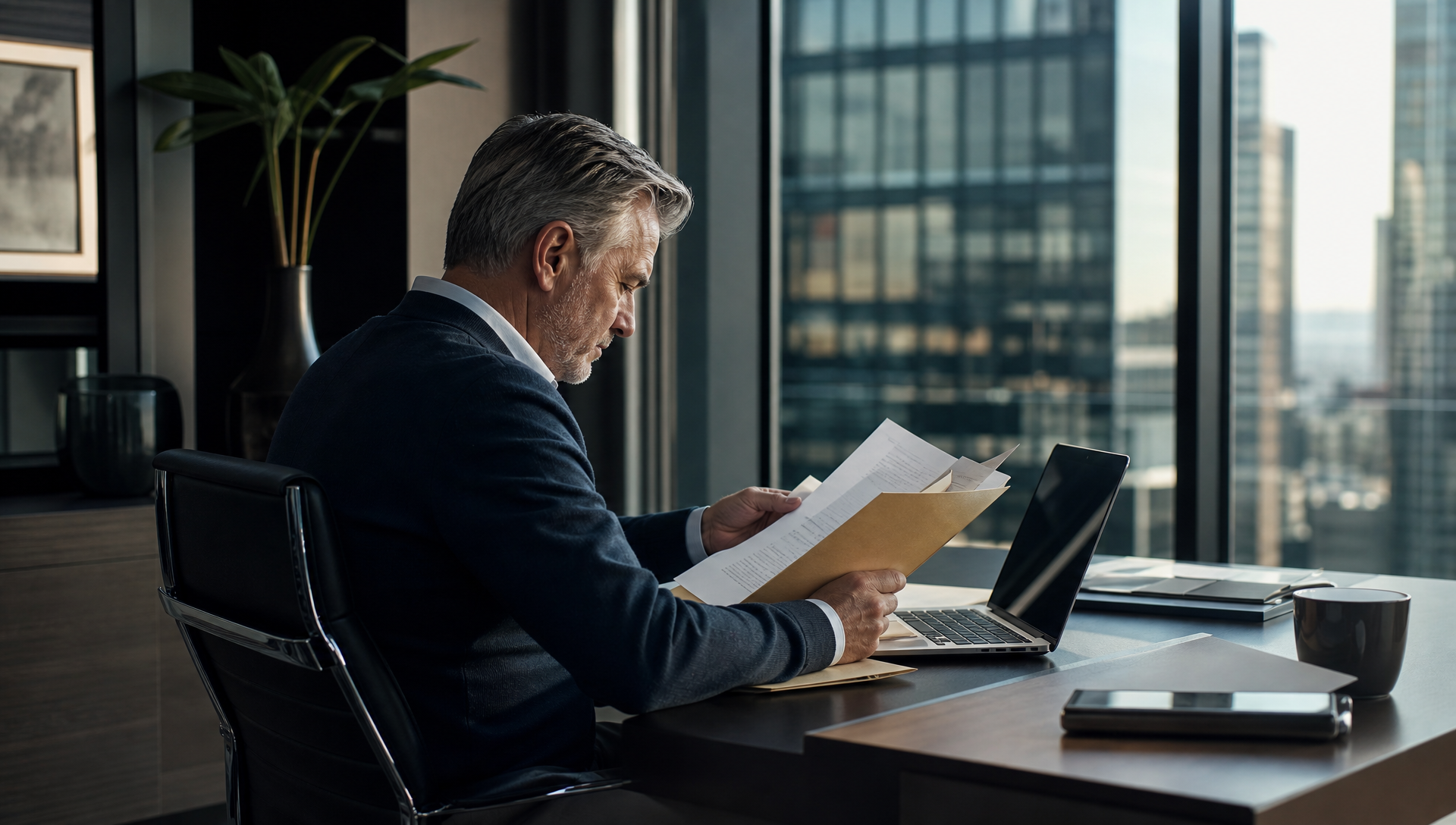 Senior South African professional in a formal corporate office environment.
