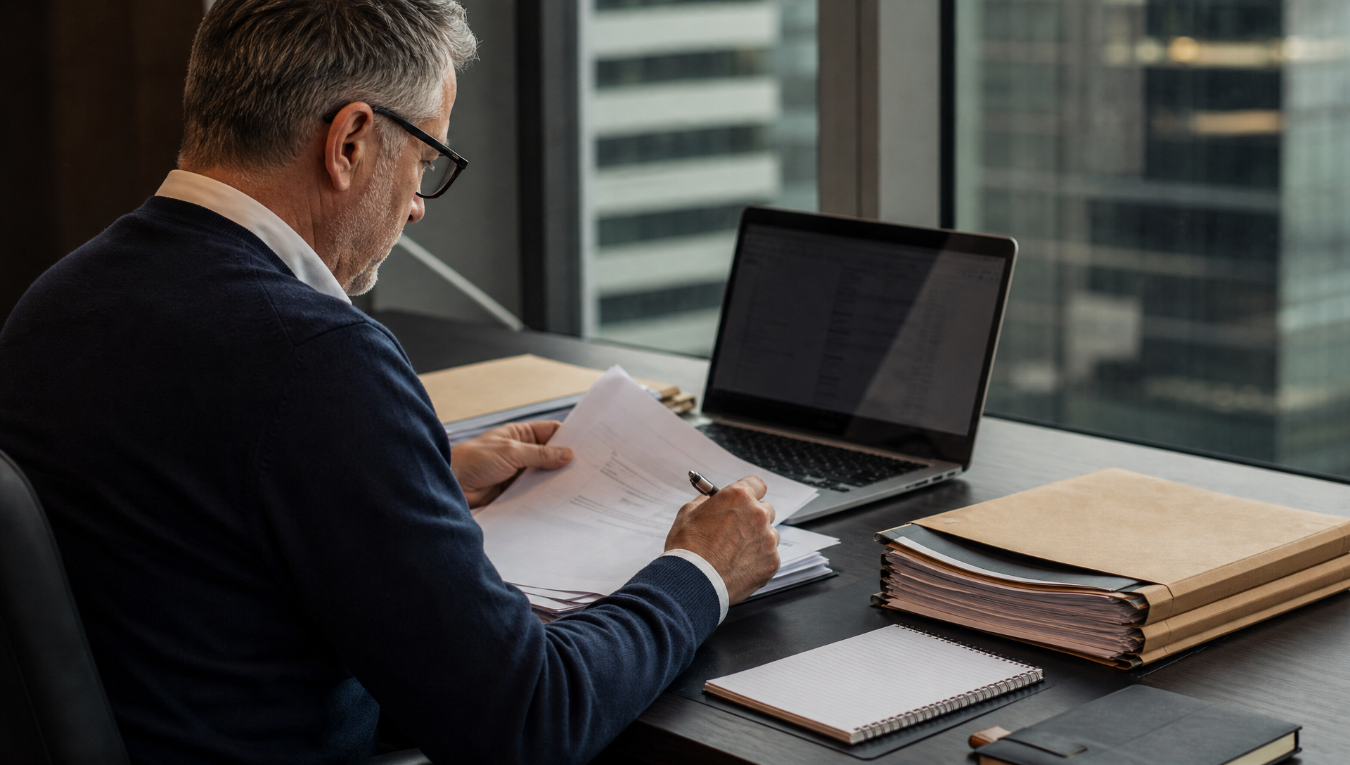Tax specialist reviewing evidence in a formal executive office.